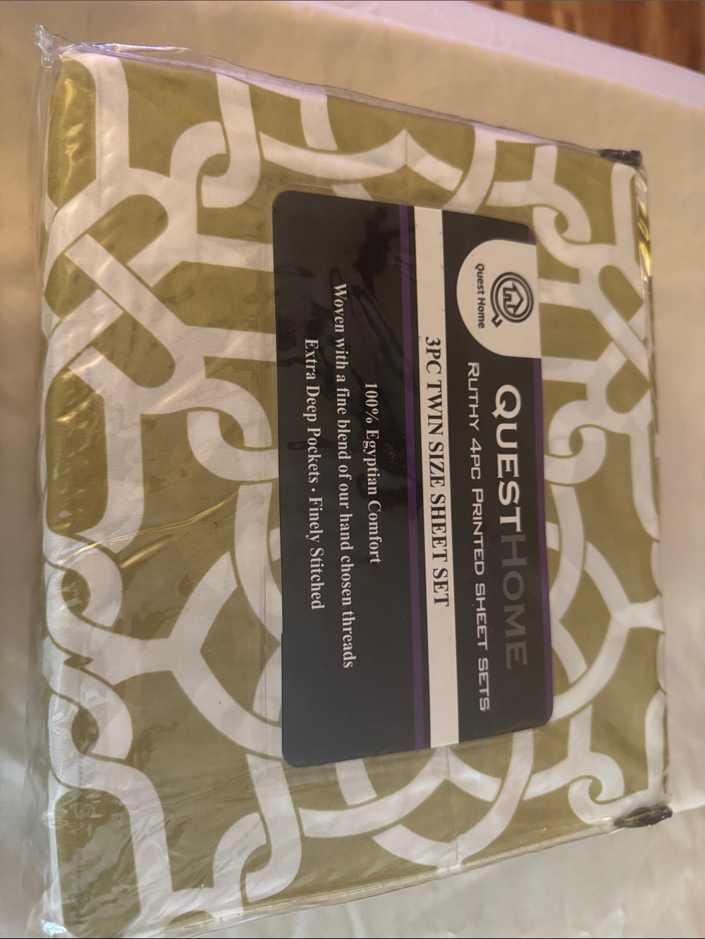 Quest Home Twin Sheet Set - Olive Green & White Geometric Print